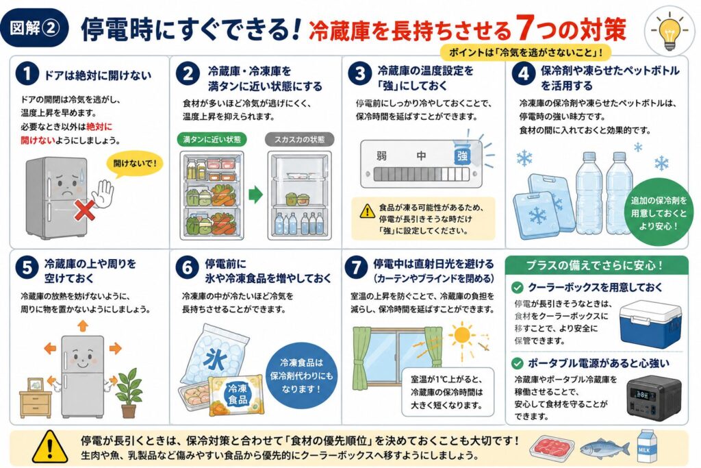 停電直後に冷蔵庫の保冷時間をできるだけ延ばすための対策をまとめた図解。冷蔵庫のドアを開けない、温度設定を「強」にする、保冷剤や凍結ペットボトルを活用する、冷蔵庫の周囲を風通しよくする、停電前に保冷剤や冷凍食品を増やしておく、直射日光を避けるなど、停電時にすぐ実践できる7つのポイントと、クーラーボックスやポータブル電源を活用した保冷対策を分かりやすく解説したインフォグラフィック。