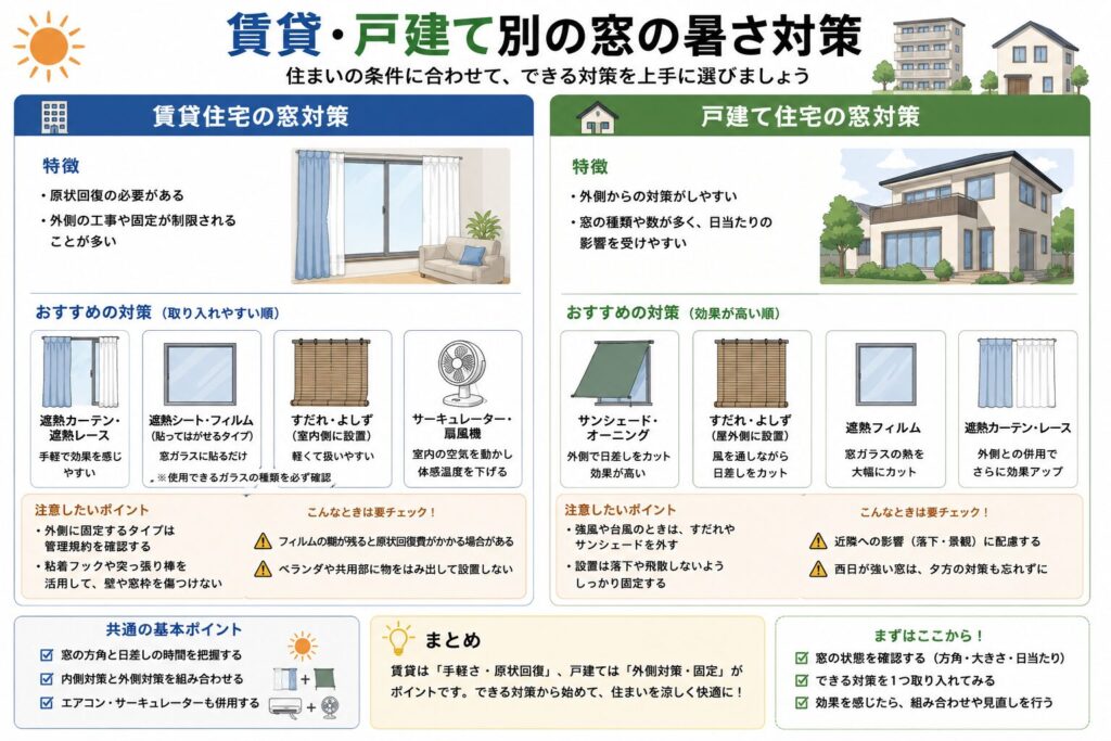 賃貸住宅と戸建て住宅で取り入れやすい窓の暑さ対策を比較した図解。
賃貸住宅では、原状回復の必要があるため、遮熱カーテン、遮熱レースカーテン、対応するガラスへ貼れる遮熱シートやフィルム、すだれ、サーキュレーターなど、取り外しやすい方法を優先することを示している。
外側へ固定する日よけや金具を使う場合は、管理規約、共用部分、避難経路を確認し、窓枠や壁を傷つけないよう注意する必要があると説明している。
戸建て住宅では、サンシェードやオーニング、すだれ、よしずなど、窓の外側で日差しを遮る方法を取り入れやすいことを示している。
ただし、強風や台風の前には外側の日よけを取り外し、落下や飛散、近隣への影響を防ぐため、固定方法を確認する必要があると説明している。
遮熱フィルムを使用する場合は、賃貸と戸建てのどちらでも、単板ガラス、複層ガラス、Low-Eガラス、網入りガラスなど、窓ガラスの種類と商品の対応条件を確認するよう案内している。
共通するポイントとして、窓の方角、大きさ、日差しが入る時間を確認し、内側対策と外側対策を組み合わせ、必要に応じてエアコンやサーキュレーターも併用することが大切であるとまとめている。
