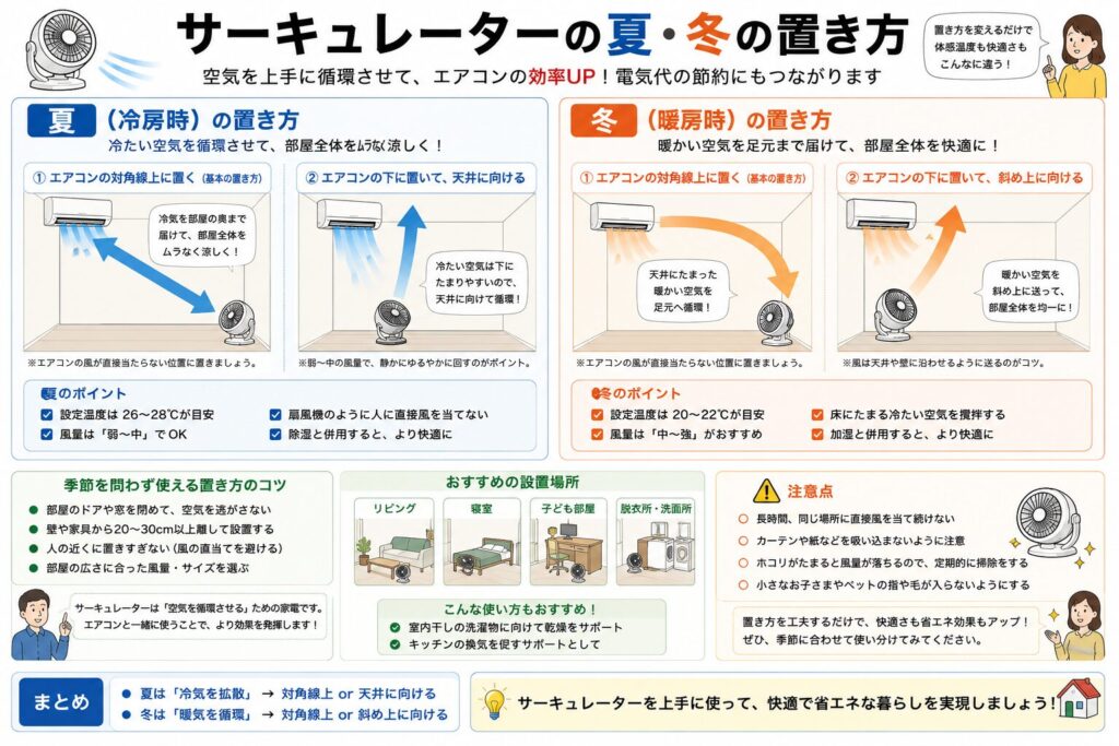 サーキュレーターをエアコンと併用する際の夏と冬の効果的な置き方をまとめた図解です。夏は冷たい空気を部屋全体へ循環させる方法、冬は天井付近にたまる暖かい空気を足元へ送る方法をイラスト付きで紹介しています。また、設置場所のコツや風向き、省エネ効果、一年を通して活用できるフェーズフリーな使い方についても分かりやすく解説しています。