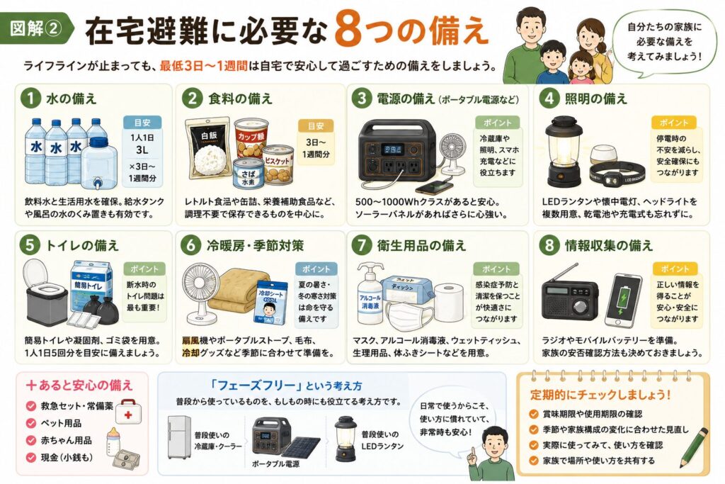在宅避難で最低限備えておきたい8つのポイントをまとめた図解。飲料水・生活用水、食料、電源、照明、簡易トイレ、冷暖房・季節対策、衛生用品、情報収集の備えを分かりやすく紹介し、フェーズフリーの考え方や定期的な備蓄の見直しの重要性についても解説しています。