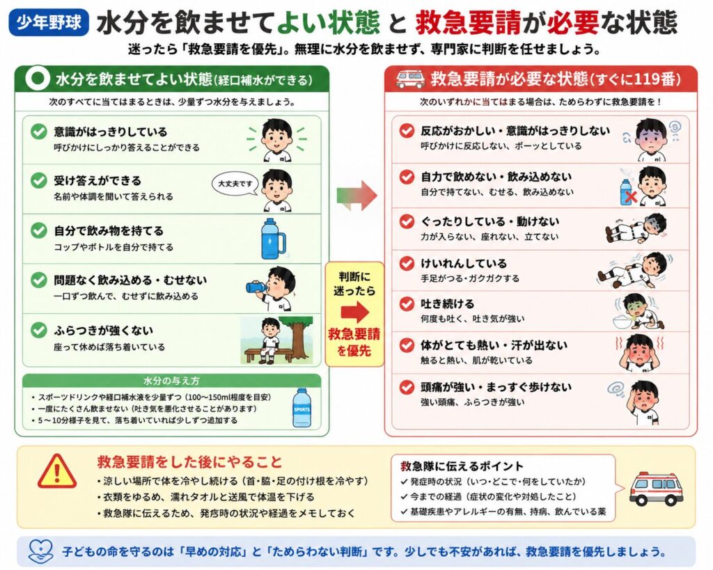 子どもに水分を飲ませてよい状態と、救急要請が必要な状態を左右で比較した図解。
水分を飲ませてよい目安として、意識がはっきりしている、受け答えができる、自分で飲み物を持てる、問題なく飲み込める、強いふらつきがないことを示している。
一方で、反応がおかしい、自力で飲めない、ぐったりして動けない、けいれんしている、吐き続ける、身体がとても熱い、強い頭痛やふらつきがある場合は、無理に水分を飲ませず119番へ救急要請することを説明している。
救急要請後も涼しい場所で身体を冷やし、症状が出た時刻や経過を救急隊へ伝えることを示している。
