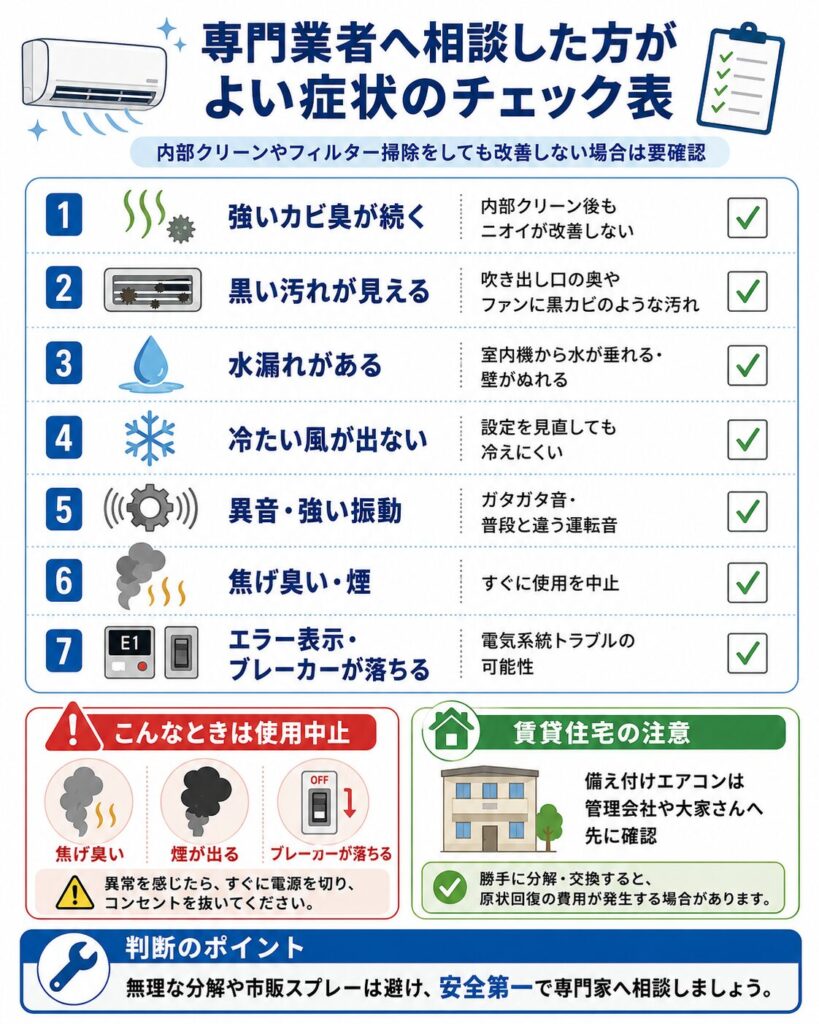 エアコンについて専門業者へ相談した方がよい症状をまとめたチェック表。内部クリーンやフィルター掃除をしても強いカビ臭が続く、吹き出し口の奥に黒い汚れが見える、水漏れする、冷たい風が出ない、異音や強い振動がある、焦げ臭い、煙が出る、エラー表示やブレーカー作動がある場合は、使用を中止してメーカーや専門業者へ相談する必要があることを示している。賃貸住宅では、備え付けエアコンの修理や清掃を依頼する前に、管理会社や大家へ確認することも説明している。
