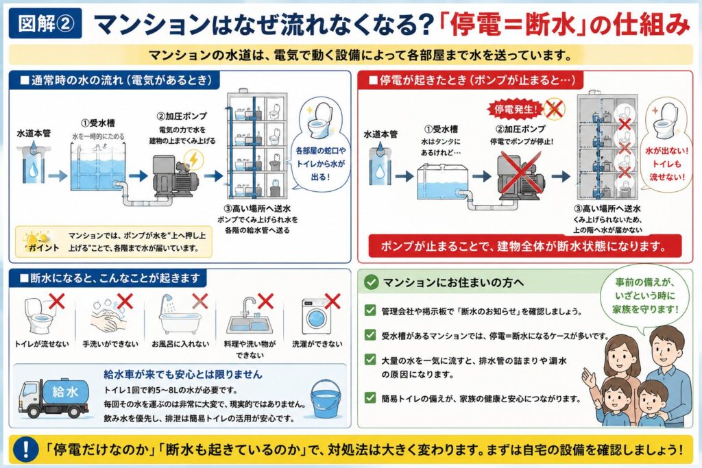 マンションで停電すると断水が起こる仕組みを解説した図解。通常時は「水道本管→受水槽→加圧ポンプ→各階へ給水」という流れで水が送られていることを示し、停電時は加圧ポンプが停止することで上階まで水を送れず、建物全体で断水となるケースがあることを説明している。さらに、断水するとトイレ・手洗い・お風呂・洗濯・料理など日常生活へ影響が及ぶことや、給水車の水だけでトイレを流し続けるのは現実的ではないことも紹介し、「停電だけなのか、断水も起きているのかを確認することが大切」とまとめている。