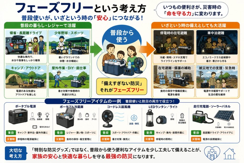 フェーズフリーの考え方を分かりやすく解説した図解。夏の帰省や長距離ドライブ、少年野球、キャンプ、屋外作業など普段の生活で活躍するポータブル電源、ポータブル冷蔵庫、コードレス扇風機、LEDランタン、走行充電器が、停電時の在宅避難や車中泊避難、災害時の生活でもそのまま役立つ流れを紹介しています。「普段使いが、いざという時の安心につながる」というフェーズフリーの考え方を視覚的にまとめた図解です。