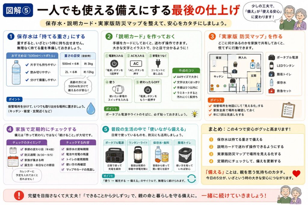 高齢の親が一人でも防災用品を使えるようにするための仕上げをまとめた図解。保存水は無理なく持てる重さで備えること、説明カードを作成すること、実家版防災マップで保管場所を見える化すること、家族で定期的に確認することなど、「使える備え」を続けるためのポイントを分かりやすく紹介しています。
