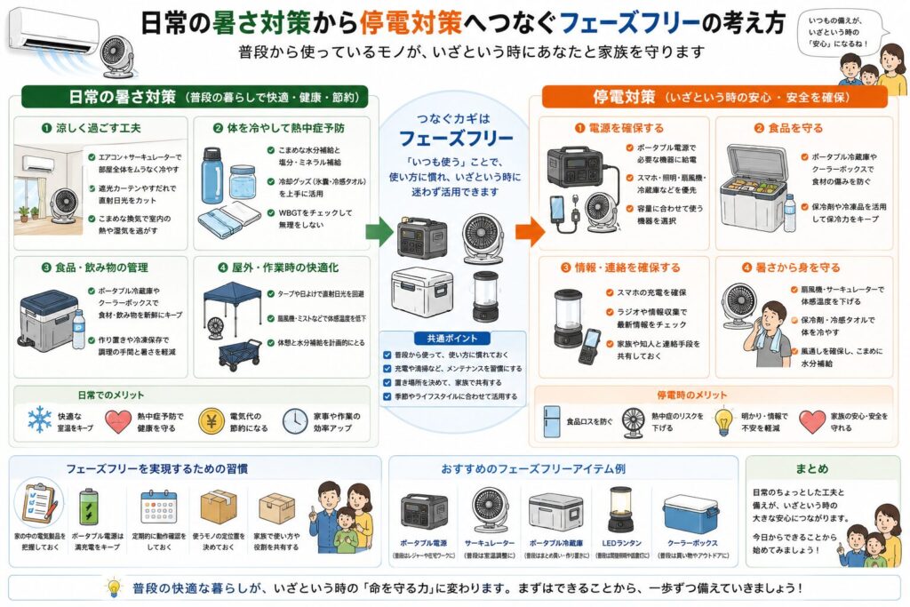 日常の暑さ対策と停電対策をつなぐフェーズフリーの考え方をまとめた図解です。エアコンやサーキュレーター、コードレス扇風機、ポータブル電源、LEDランタン、ポータブル冷蔵庫など、普段から使っているアイテムが停電時にも活躍する流れをイラスト付きで紹介しています。日常の快適さと災害への備えを両立するフェーズフリーの考え方や、熱中症対策・情報収集・食材保冷などにつながる活用方法を分かりやすく解説しています。