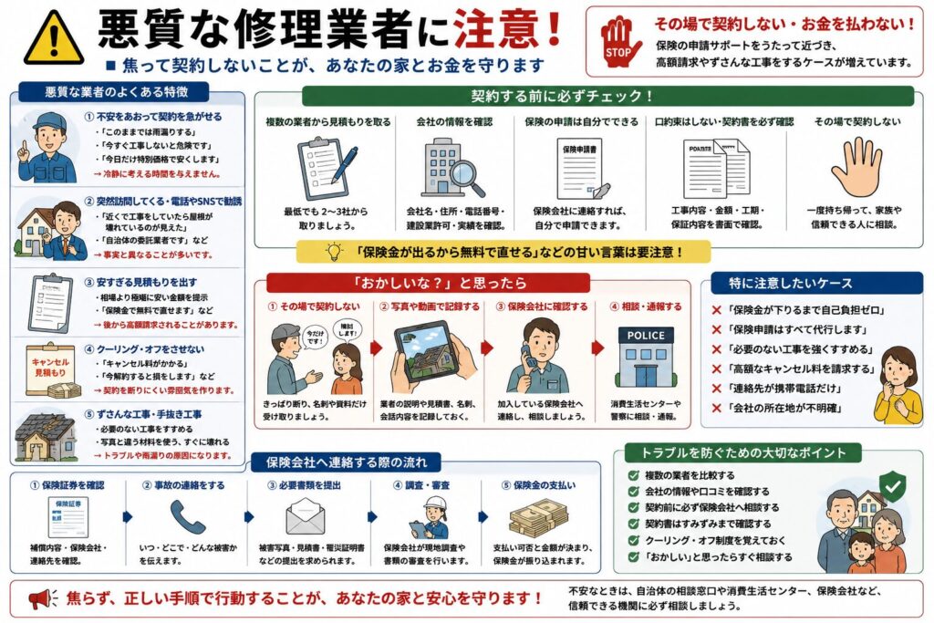 災害後に注意したい悪質な修理業者や保険申請サポート業者の特徴と、契約前の確認事項をまとめた図解。
悪質な業者の特徴として、不安をあおって契約を急がせること、突然訪問や電話、SNSで勧誘すること、相場より極端に安い見積もりを提示すること、高額なキャンセル料を設定すること、必要のない工事やずさんな工事を行うことを示している。
「保険金が出るため無料で修理できる」「保険申請はすべて代行できる」などの説明をうのみにせず、複数の業者から見積もりを取り、会社名、所在地、連絡先、許可、施工実績を確認するよう案内している。
契約前には、工事内容、費用、工期、保証、解約条件を書面で確認し、その場で契約や支払いをしないことを示している。
不審に感じた場合は、業者の説明、名刺、見積書、写真、動画、会話内容などを記録し、先に加入している保険会社へ連絡する流れを説明している。
保険金請求は契約者自身で行える場合があり、支払いの可否や金額は保険会社の調査と契約内容によって決まるため、修理業者が保険金の支払いを確約することはできないとまとめている。
トラブルや強引な勧誘がある場合は、消費生活センター、消費者ホットライン188、警察、自治体などの信頼できる窓口へ相談するよう案内している。