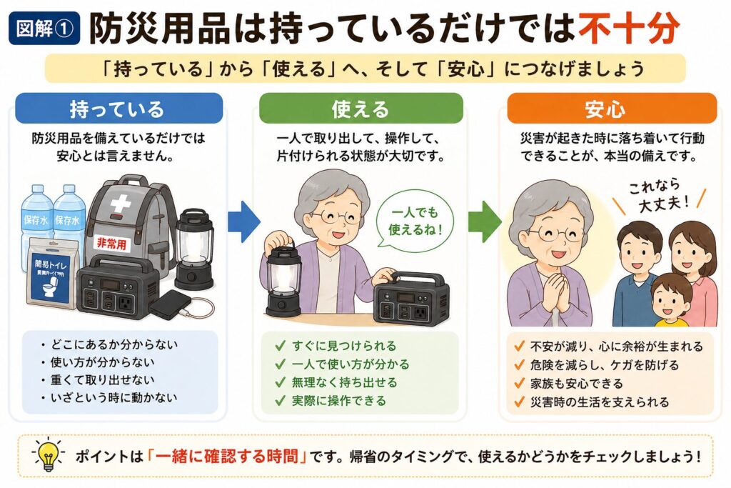 高齢の親が防災用品を「持っている」だけでなく、一人で取り出して操作できることの大切さを解説した図解。保存水、LEDランタン、簡易トイレ、ポータブル電源を例に、「持っている→使える→安心」の流れを分かりやすく紹介しています。
