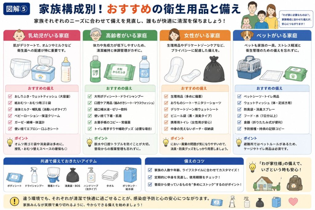 停電・断水時に必要な衛生用品を家族構成別にまとめた図解。乳幼児がいる家庭、高齢者がいる家庭、女性がいる家庭、ペットがいる家庭それぞれに必要な備えを比較し、おしりふき・おむつ・口腔ケア用品・生理用品・防臭袋・ペット用品など優先して準備したい防災用品を分かりやすく紹介しています。家族共通で備えておきたい衛生用品や、家庭に合わせた備え方のポイントも解説しています。