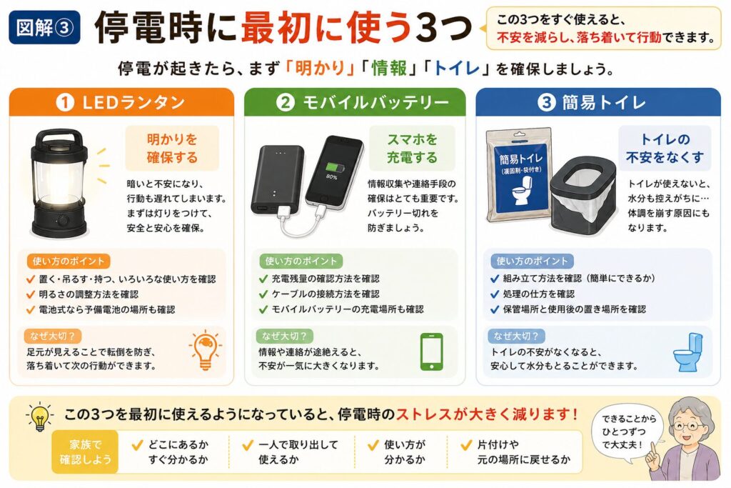 停電時に高齢の方が最初に使いたい防災用品をまとめた図解。LEDランタン、モバイルバッテリー、簡易トイレの3つについて、役割や使い方の確認ポイント、一人で操作できるか確認する重要性を分かりやすく紹介しています。