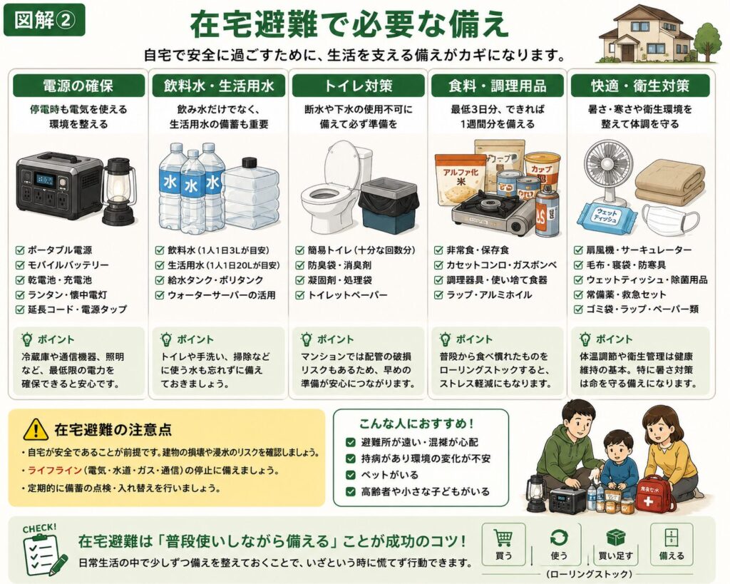 在宅避難で必要な備えをまとめた図解。ポータブル電源による電源確保、飲料水と生活用水、簡易トイレ、非常食、暑さ・寒さ対策など、在宅避難で生活を維持するために必要な防災用品を一覧で紹介している。