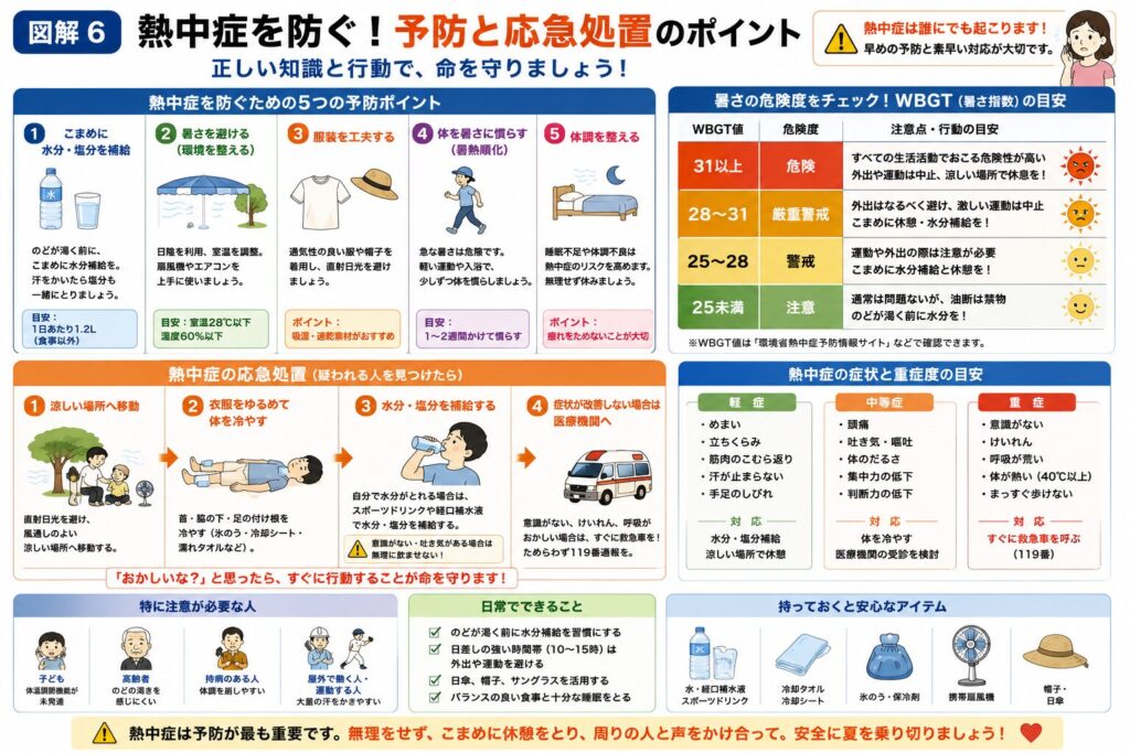 熱中症の予防方法と応急処置を分かりやすくまとめた図解。こまめな水分・塩分補給、暑さを避ける工夫、通気性の良い服装、暑熱順化、十分な睡眠など5つの予防ポイントを紹介。あわせて、WBGT（暑さ指数）の危険レベルと行動の目安、熱中症が疑われる場合の応急処置（涼しい場所へ移動・身体を冷やす・水分と塩分を補給・救急要請の判断）、軽症・中等症・重症それぞれの症状、高齢者・乳幼児・持病のある方・屋外で活動する人など特に注意が必要な対象、日頃から備えておきたい冷感グッズや携帯扇風機などをイラスト付きで解説した保存版インフォグラフィック。