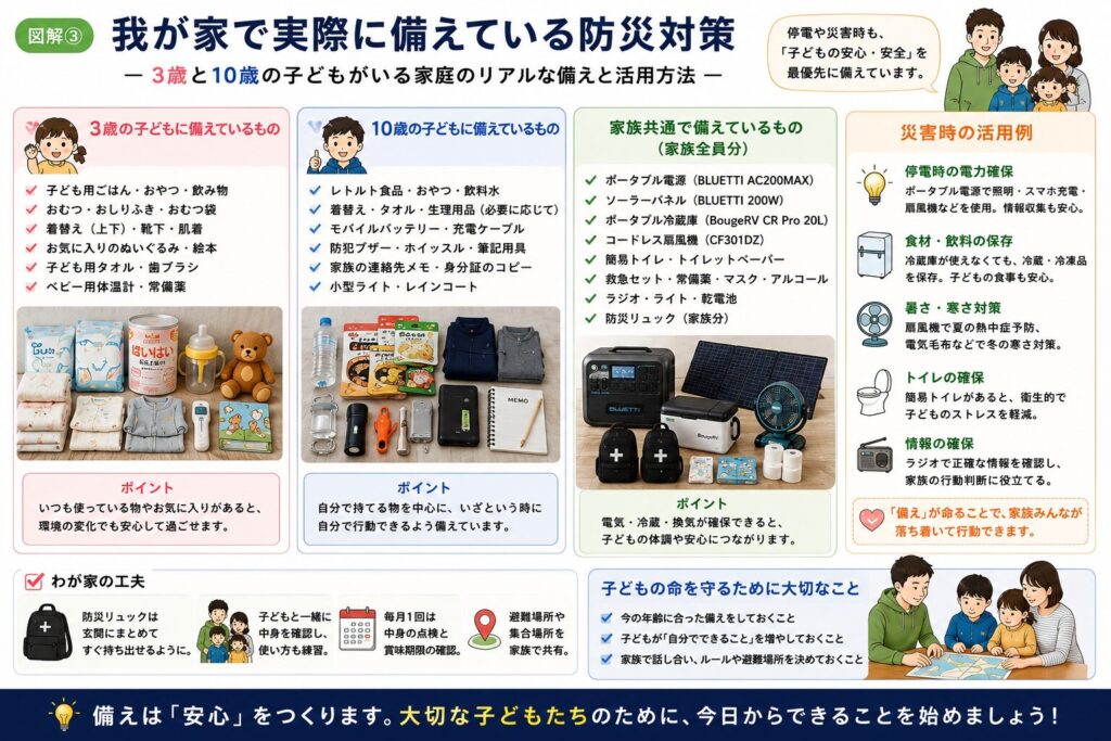 3歳と10歳の子どもがいる家庭で実際に備えている防災用品をまとめた図解。年齢別の備えと、ポータブル電源・ポータブル冷蔵庫・コードレス扇風機・簡易トイレなど家族共通の防災用品、災害時の活用例を紹介しています。