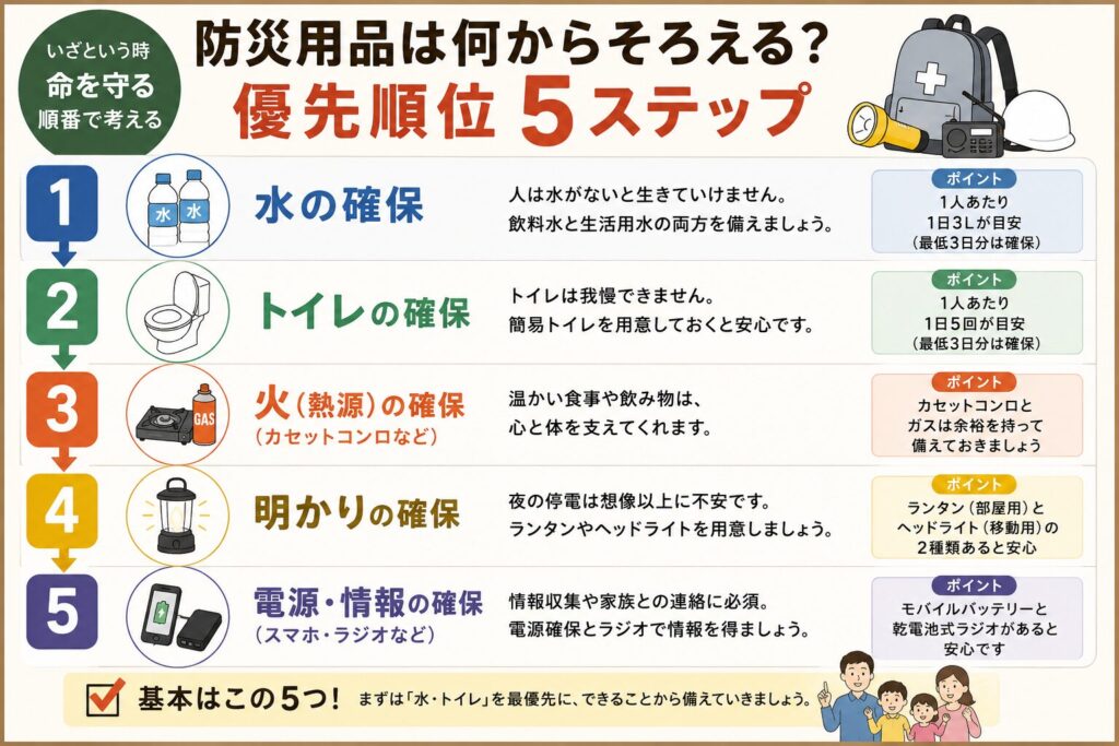 防災用品をそろえる優先順位を5つのステップでまとめた図解。飲料水・生活用水、簡易トイレ、カセットコンロ、LEDランタン・ヘッドライト、モバイルバッテリーやラジオなど、停電や災害時にまず備えたい防災用品を分かりやすく紹介しています。