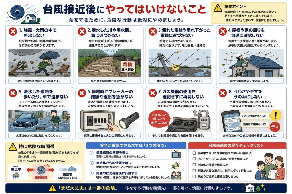 台風接近後に避けるべき危険な行動をまとめた図解。
強風や大雨の中で外出しないこと、増水した川や用水路、海へ近づかないこと、倒れた電柱や垂れ下がった電線へ近づかないことを示している。
屋根や窓の周囲を無理に確認しないこと、浸水した道路を歩いたり車で進んだりしないことも注意点として説明している。
停電後は、安全を確認せずにブレーカーを戻さないこと、ガス機器に異常や臭いがある場合は使用を再開しないことを案内している。
また、うわさやSNSの未確認情報を信じず、自治体、気象庁、電力会社などの公式情報を確認することを示している。
台風通過直後もすぐに外へ出ず、気象情報の回復、自治体からの案内、周囲の安全確認を待ってから行動することが大切であるとまとめている。
