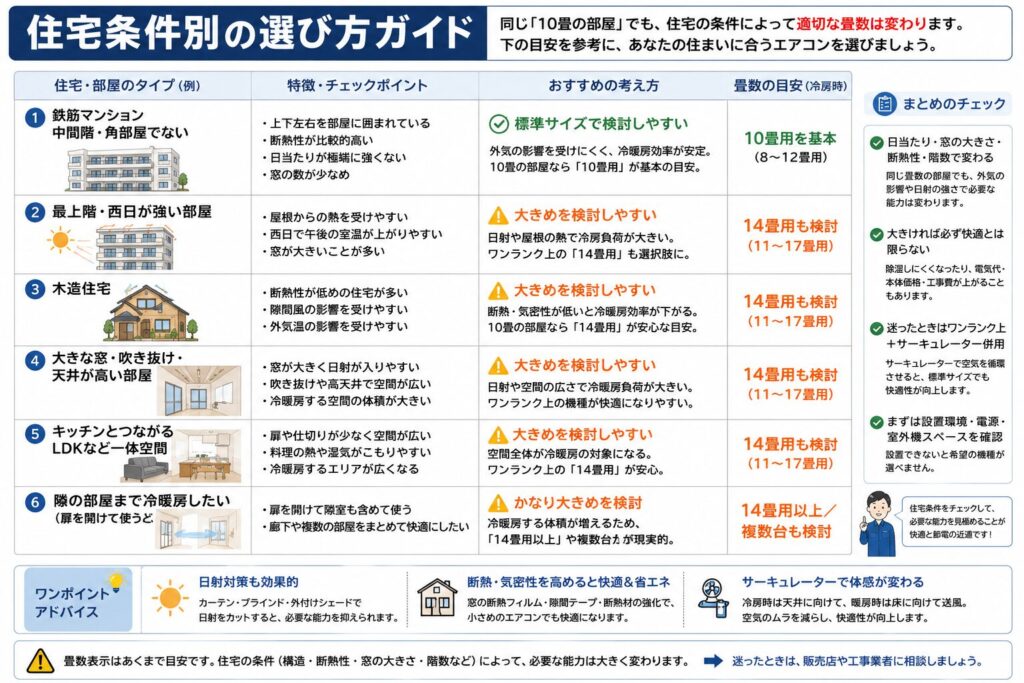 住宅条件ごとにエアコン選びの考え方を比較した図。鉄筋マンションの中間階は標準サイズを検討しやすく、最上階や西日が強い部屋、木造住宅、大きな窓や吹き抜けがある部屋、キッチンとつながるLDK、隣室まで冷暖房したい場合は大きめの能力を検討する目安を示している。畳数だけでなく、断熱性、日当たり、窓の大きさ、部屋の位置、空気循環、室外機の設置条件も確認する必要がある。