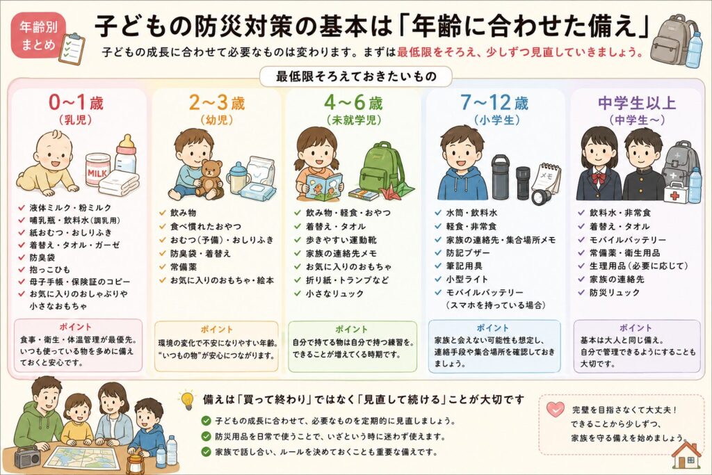 子どもの防災対策を年齢別にまとめた一覧図。乳児・幼児・未就学児・小学生・中学生以上それぞれに最低限備えておきたい防災用品やポイントを分かりやすく紹介しています。