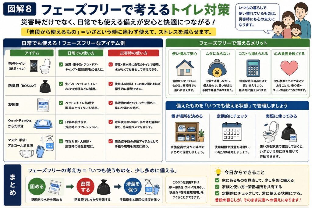 フェーズフリーの考え方でトイレ用品を備える方法を紹介した図解。簡易トイレ、防臭袋(BOSなど)、ウェットティッシュ、使い捨て手袋、アルコール消毒液などを、「車での渋滞」「アウトドア・キャンプ」「少年野球」「介護」「災害時」の5つの場面でどのように活用できるかを一覧で紹介している。さらに、普段から使い慣れておくことで災害時にも落ち着いて使えることや、置き場所の共有・定期的な点検・実際に使ってみることが大切であるとまとめている。