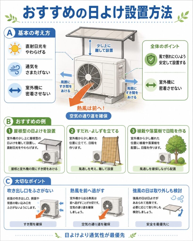 エアコン室外機の日よけのおすすめ設置方法をまとめた図解。室外機の上へ少し離して屋根型の日よけを設置し、前面の吹き出し口と側面・背面の吸い込み口をふさがず、周囲にすき間を確保する基本を示している。すだれやよしずを少し離して立てる方法、植栽や落葉樹で日陰を作る方法、強風時は取り外しも検討することも説明している。
