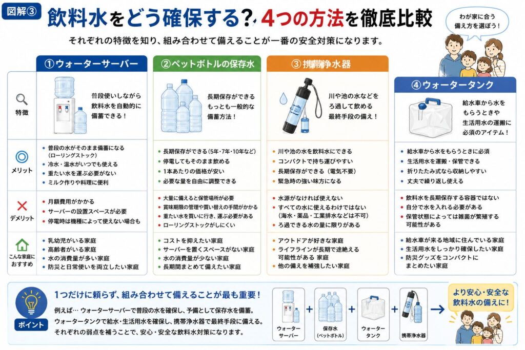 災害時の飲料水を確保する4つの方法を比較した図解。ウォーターサーバー、ペットボトルの保存水、携帯浄水器、ウォータータンクについて、「特徴」「メリット」「デメリット」「おすすめの家庭」を一覧で整理している。最後に「1つだけに頼らず組み合わせて備えることが最も重要」というポイントと、ウォーターサーバー＋保存水＋ウォータータンク＋携帯浄水器を組み合わせた備え方を紹介している。