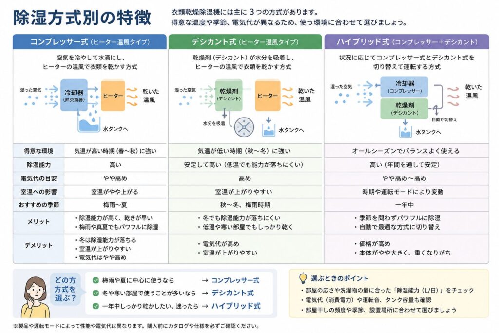 衣類乾燥除湿機のコンプレッサー式、デシカント式、ハイブリッド式を比較した図解。コンプレッサー式は梅雨や夏の高温時に使いやすく、デシカント式は低温の冬でも除湿能力が落ちにくい一方で室温が上がりやすいこと、ハイブリッド式は季節に応じて方式を切り替え、一年を通して使いやすいことを示している。電気代、除湿能力、本体価格、重さなどの違いも比較している。