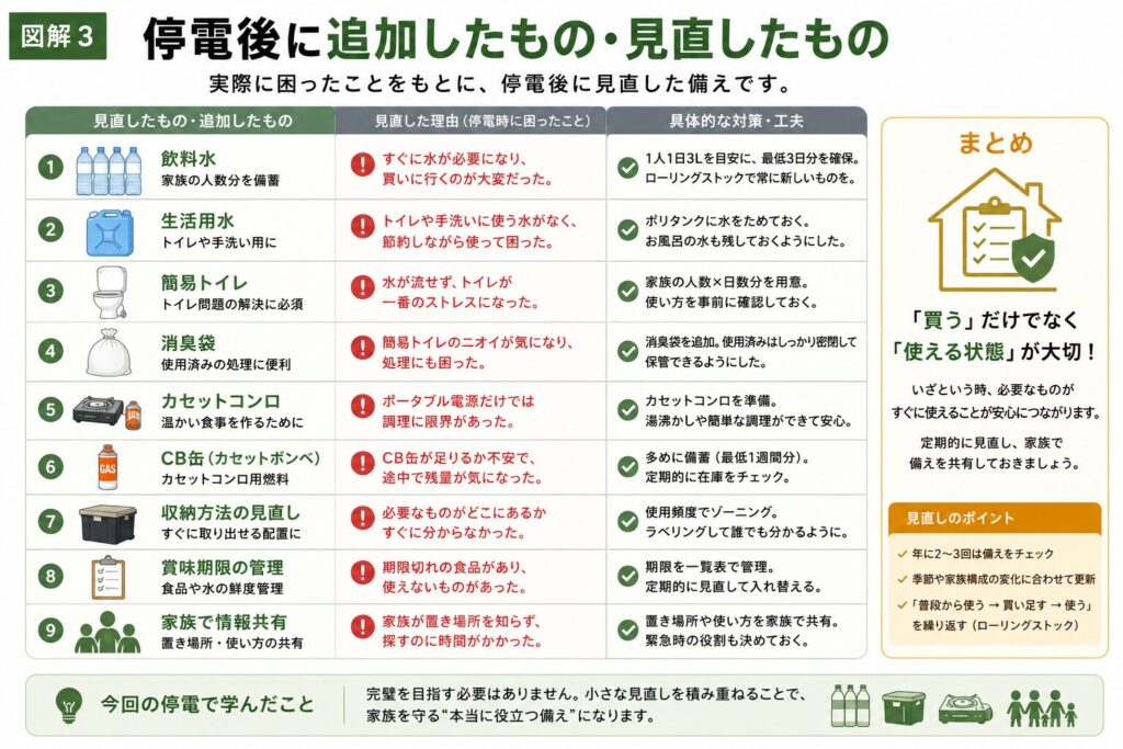 約6時間の停電を経験した後に我が家が見直した備えをまとめた図解。飲料水・生活用水・簡易トイレ・消臭袋・カセットコンロ・カセットガス・収納方法・賞味期限管理・家族での情報共有など、追加したものや改善した点を一覧で紹介しています。