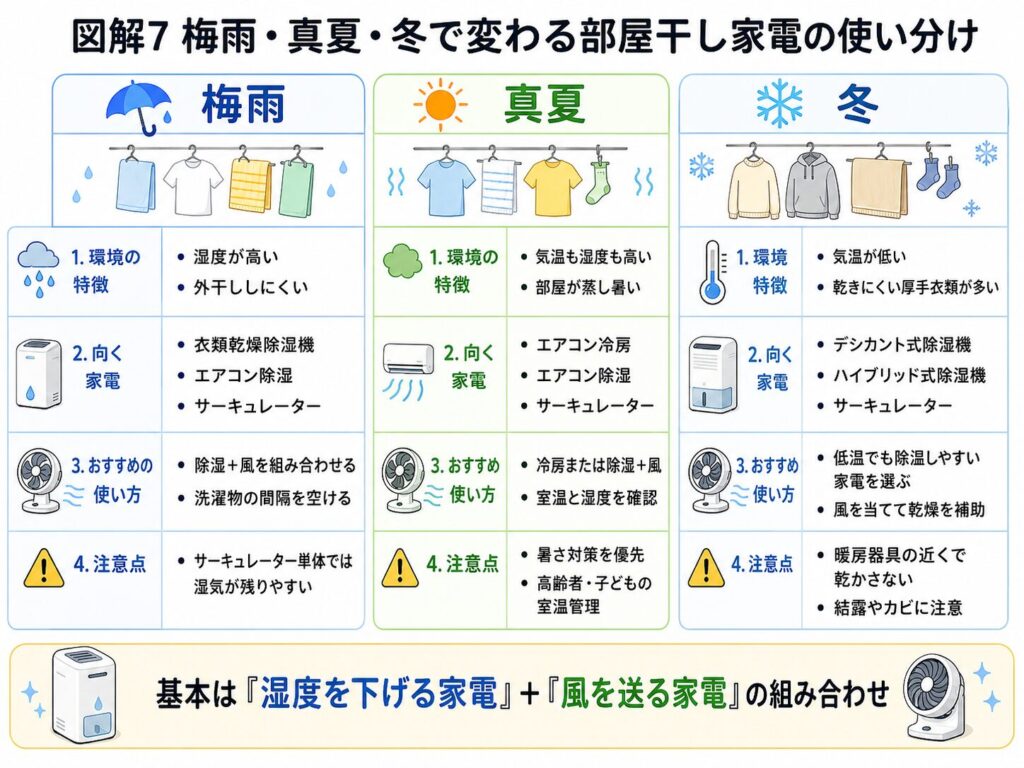 梅雨、真夏、冬で変わる部屋干し家電の使い分けをまとめた図解。梅雨は衣類乾燥除湿機やエアコン除湿とサーキュレーターを組み合わせ、真夏は冷房または除湿とサーキュレーターを使い、冬は低温でも除湿しやすいデシカント式やハイブリッド式の除湿機を選ぶ考え方を示している。季節ごとの室温と湿度の特徴、向いている家電、使い方、注意点を比較している。