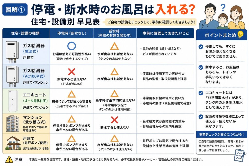 停電や断水が発生した際に、お風呂へ入れるかどうかを住宅設備別に比較した図解。ガス給湯器、エコキュート、マンション、戸建て（井戸ポンプ）の違いや、停電時・断水時の使用可否、事前に確認しておきたいポイントを一覧表で分かりやすくまとめています。