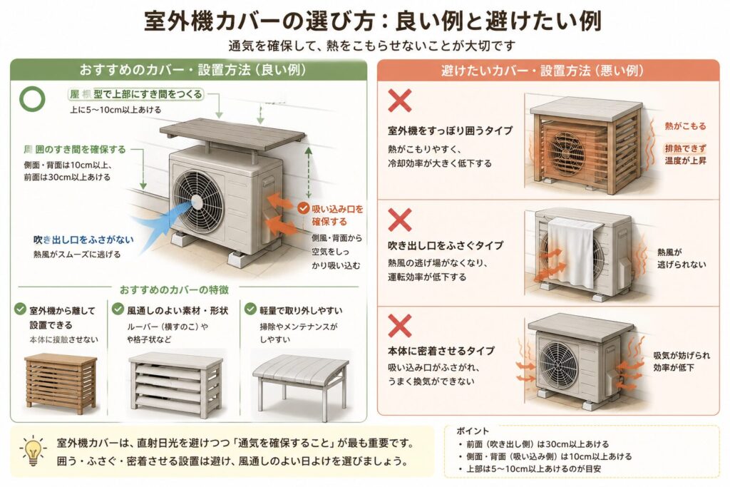 エアコン室外機カバーの良い例と避けたい例を比較した図解。良い例では、屋根型の日よけを室外機から離して設置し、前面の吹き出し口と側面・背面の吸い込み口をふさがず、周囲に十分なすき間を確保している。避けたい例では、室外機全体を囲う箱型カバー、吹き出し口を布でふさぐ設置、本体へ密着するカバーによって熱や空気がこもる状態を示している。
