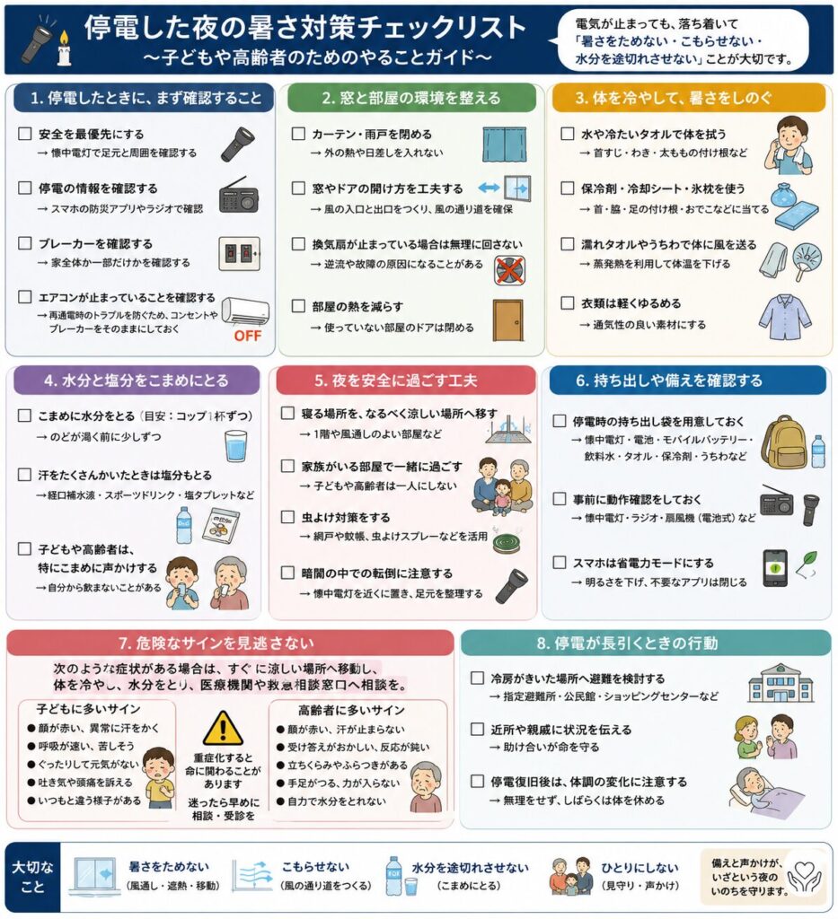 停電した夜に、子どもや高齢者を暑さから守るための対策をまとめたチェックリスト図解。
停電情報とブレーカーを確認し、エアコンが停止していることを確かめ、窓やカーテンを調整して風の通り道をつくる流れを示している。
水や濡れタオル、氷嚢、保冷剤、うちわなどで身体を冷やし、自分で飲める場合は水分と塩分を少量ずつ補給する。
子どもや高齢者を一人にせず、顔色、汗、呼吸、受け答え、自力で水分を飲めるかを確認する。
停電が長引く場合は、懐中電灯、ラジオ、モバイルバッテリー、飲料水などの持ち出し用品を確認し、冷房が使える家族宅や公共施設への移動も検討する。
受け答えがおかしい、自力で水分を飲めない、けいれん、繰り返す嘔吐、ぐったりして動けないなどの症状がある場合は、早めに医療機関や救急相談窓口へ相談することを示している。
