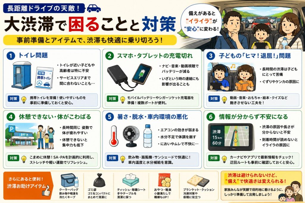 夏の帰省や長距離ドライブで起こりやすい渋滞中の困りごとと対策をまとめた図解。携帯トイレによるトイレ対策、モバイルバッテリーや車載充電器を使ったスマートフォンの充電対策、子どもの暇つぶしグッズ、サービスエリア・パーキングエリアでの休憩とストレッチ、水分補給や車内温度管理、渋滞情報の確認方法など、家族が安全で快適に移動するためのポイントを分かりやすく紹介しています。