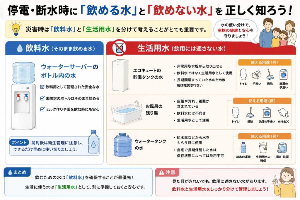 停電・断水時の「飲める水」と「飲めない水」の違いをまとめた図解。左側ではウォーターサーバーのボトル内の水を飲料水として紹介し、未開封ならそのまま飲めることやミルク・服薬にも使えることを解説。右側ではエコキュートの貯湯タンクの水、お風呂の残り湯、ウォータータンクの水を生活用水として分類し、それぞれ適した用途（トイレ、手洗い、掃除、洗濯の予洗いなど）を示している。最後に「飲料水と生活用水を分けて管理することが災害時の重要なポイント」とまとめている。