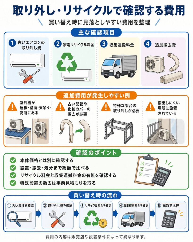 エアコンの取り外しとリサイクルで確認したい費用をまとめた図。古いエアコンの取り外し費用、家電リサイクル料金、収集運搬料金、古い配管や化粧カバー、架台などの追加撤去費を示している。室外機が屋根、壁面、天吊り、高所、狭い場所にある場合は、特殊撤去費が発生しやすい。買い替えでは、本体価格とは別に設置、撤去、処分まで含めた総額で比較する必要がある。