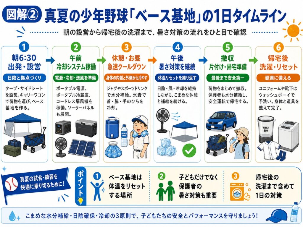 真夏の少年野球における「ベース基地」の1日の流れをタイムライン形式でまとめた図解。朝6時30分の出発・設営から、午前中のポータブル電源・ポータブル冷蔵庫・コードレス扇風機・ソーラーパネルの稼働、休憩や昼の水分補給と氷嚢によるクールダウン、午後の暑さ対策の継続、撤収と安全な帰宅準備、帰宅後のウォッシュボーイによるユニフォームや靴下の予洗いまでを6つのステップで紹介している。ベース基地は子どもの体温をリセットする場所であり、子どもだけでなく保護者の暑さ対策や帰宅後の洗濯まで含めて、真夏の試合や練習を安全に乗り切るための流れを分かりやすく解説した図。