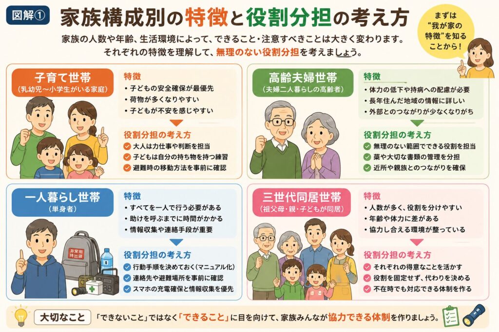災害時の家族の役割分担がなぜ必要なのかを解説した図解。役割が決まっていない場合の「情報収集する人がいない」「防災用品が見つからない」「避難が遅れる」「子どもが不安になる」といった問題点と、役割分担を決めることで「落ち着いて行動できる」「作業の重複を防げる」「家族全員が安心できる」などのメリットを分かりやすくまとめたイラスト付きインフォグラフィック。