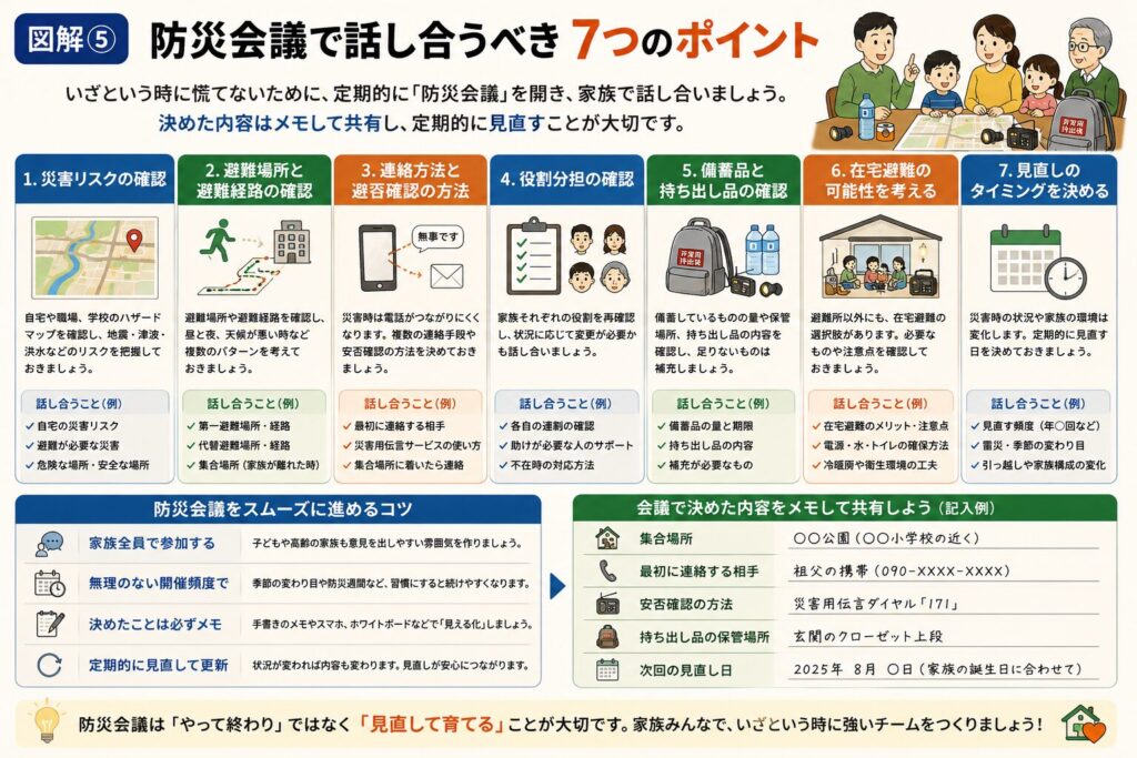 三世代同居の家庭における災害時の役割分担例をまとめた図解。祖父母は小さな孫の見守りや薬・重要書類など軽くて大切な物を担当。父母は情報収集、防災用品の運搬、家の安全確認などを担当。子どもは自分の防災リュックを持つ、自分で靴を履く、年齢に応じてペットのリードを持つなど、自分にできる役割を担当する。「できないこと」ではなく「できること」に目を向け、第一担当・第二担当を決めて、誰かが不在でも対応できる体制を作ることの重要性を分かりやすくまとめた図解。