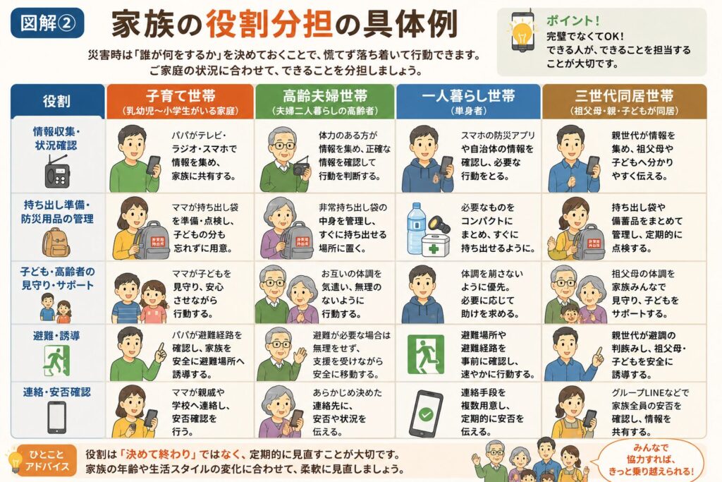 子育て世帯（夫婦＋子ども）の災害時の役割分担例をまとめた図解。父親は情報収集、ブレーカー確認、ポータブル電源や車の確認などを担当。母親は飲料水や非常食、常備薬、乳幼児用品の準備や健康管理を担当。小学生は自分の防災リュックや懐中電灯を準備し、弟や妹を見守る役割。幼児は大人と手をつなぎ、離れず一緒に行動することを最優先とした一例を、家族構成によって柔軟に変更できることを前提に分かりやすく紹介している。