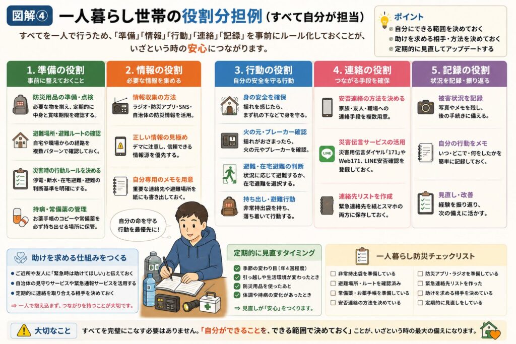 一人暮らしの方向けの災害時の備えをまとめた図解。最初に連絡する相手を決めておくこと、ご近所や管理会社とのつながりを持つこと、スマートフォンを維持するためのモバイルバッテリーやポータブル電源の準備、最低3日分の飲料水・非常食・簡易トイレ・常備薬などを一か所または複数箇所に備蓄することを紹介。役割分担ではなく、自分が行う「行動手順」を事前に決めておくことの重要性を分かりやすくまとめた保存版の図解。