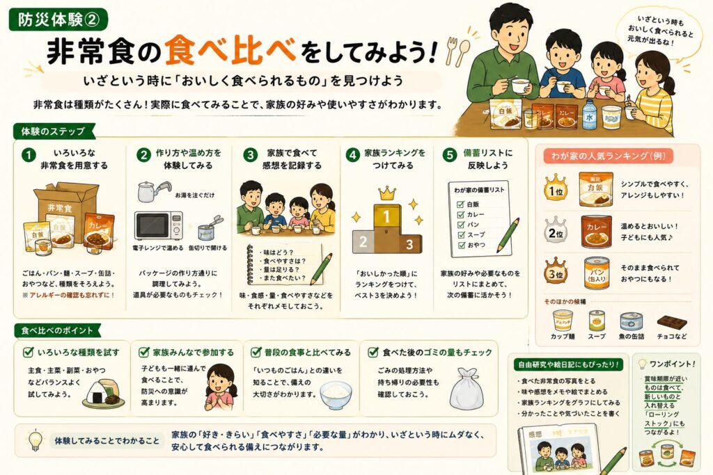 家族で非常食を食べ比べながら、味や食べやすさを比較し、我が家の非常食ランキングを作る流れをまとめた図解。自由研究や防災用品の見直しにも役立つ内容を紹介している。
