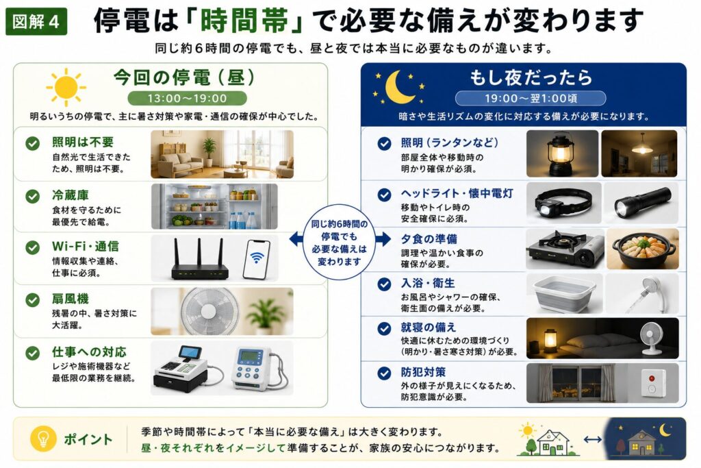 約6時間の停電を例に、昼間と夜間で必要な防災対策の違いを比較した図解。昼は冷蔵庫やWi-Fi、扇風機などが中心となり、夜はランタンやヘッドライト、夕食、入浴、防犯など追加の備えが必要になることを分かりやすくまとめています。