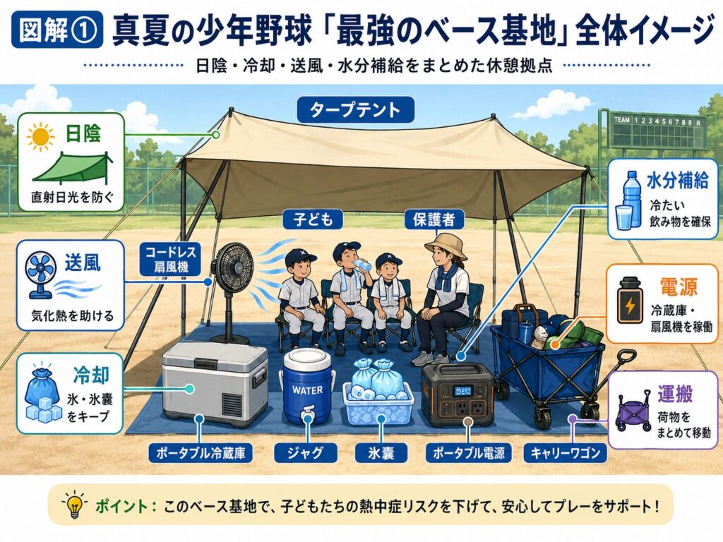 真夏の少年野球で子どもを熱中症から守るための「最強のベース基地」全体イメージを示した図解。タープテントで日陰を作り、コードレス扇風機で送風し、ポータブル冷蔵庫や氷嚢で冷却環境を整え、ジャグで冷たい飲み物を確保しながら、ポータブル電源で冷蔵庫や扇風機を稼働させる構成を紹介している。キャリーワゴンで荷物をまとめて運び、子どもと保護者が安全に休憩できるベース基地を作ることで、グラウンドでの熱中症リスクを下げ、安心してプレーを支える環境づくりを分かりやすく解説した図。