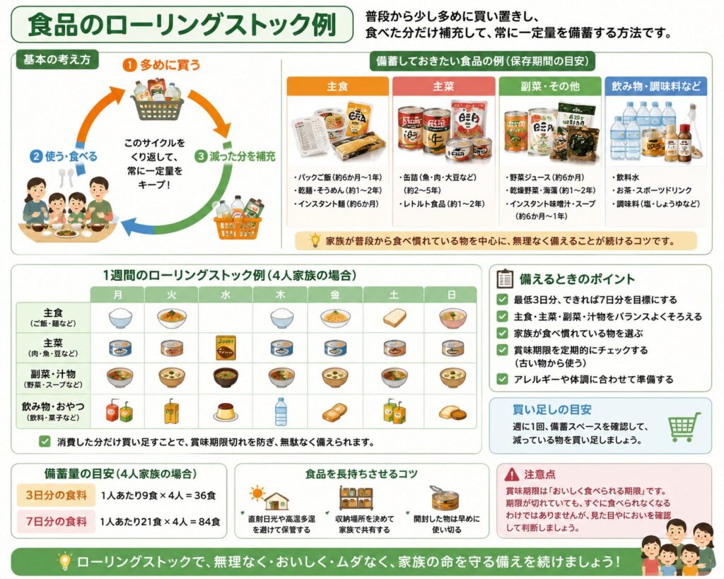 普段使う食品を少し多めに買い、食べた分を補充するローリングストックの流れをまとめた図解。
ローリングストックは、「少し多めに備える」「賞味期限が近い物から普段の食事で使う」「使った分を買い足す」という3つの行動を繰り返す方法であることを示している。
備蓄に向く食品として、パックご飯、缶詰、レトルト食品、乾麺、シリアル、即席スープ、海苔、ふりかけ、菓子、栄養補助食品、常温保存できる飲料などを紹介している。
4人家族で1週間分を考える場合は、合計84食をすべて特別な非常食でそろえるのではなく、普段食べる食品と加熱せず食べられる食品を組み合わせることを説明している。
収納時は、賞味期限が近い物を手前へ置き、種類ごとに分け、在庫数と期限を確認しやすくするよう案内している。
定期的に食品を食べて補充することで、期限切れや廃棄を減らし、災害時にも食べ慣れた食品を用意できることをまとめている。