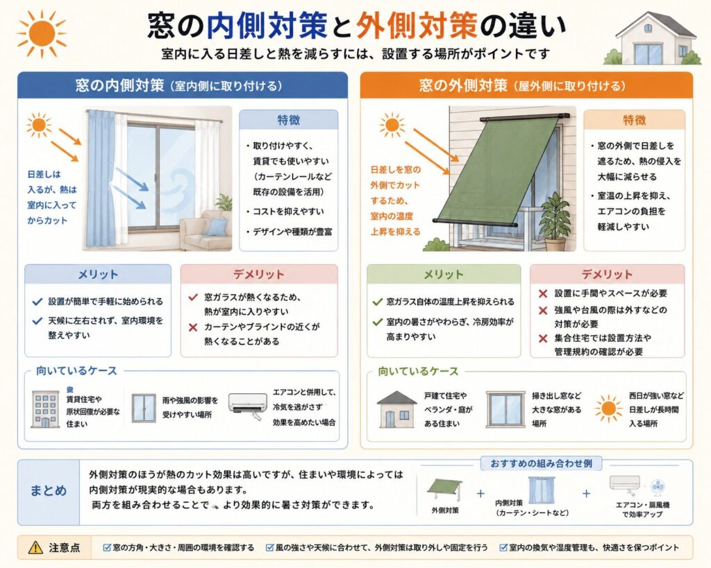 窓の内側で行う暑さ対策と、窓の外側で行う暑さ対策の違いを比較した図解。
内側対策では、遮熱カーテンや遮熱レースカーテンなどを室内側へ設置し、手軽に始めやすく、賃貸住宅でも取り入れやすいことを示している。
一方で、日差しや熱が窓ガラスを通った後に遮るため、窓ガラスやカーテン周辺が熱くなりやすい場合があることを説明している。
外側対策では、すだれやサンシェードなどで窓の外側から日差しを遮り、ガラスやサッシが熱くなる前に熱の侵入を抑えやすいことを示している。
ただし、設置スペースや固定方法の確認が必要で、強風や台風前には取り外し、集合住宅では管理規約や避難経路にも注意する必要があると説明している。
住まいや設置環境によっては内側対策の方が現実的な場合もあり、可能であれば内側対策と外側対策を組み合わせ、エアコンやサーキュレーターも併用することが大切であるとまとめている。
