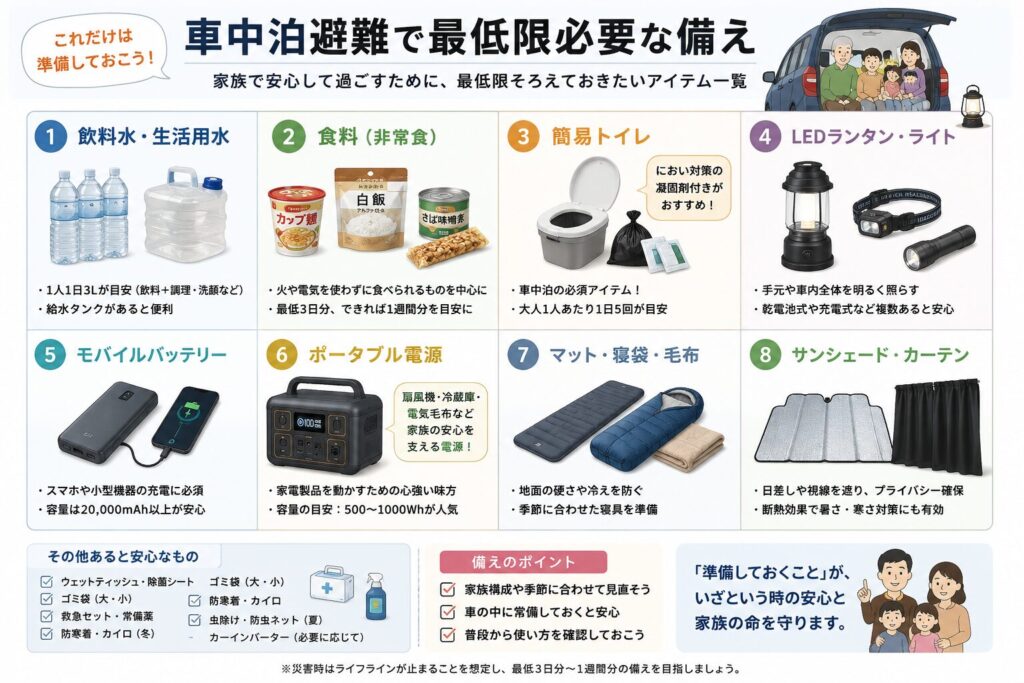車中泊避難で最低限備えておきたい防災用品をまとめた図解。飲料水・生活用水、非常食、簡易トイレ、LEDランタン・ライト、モバイルバッテリー、ポータブル電源、車中泊用マット・寝袋・毛布、サンシェード・カーテンなど、家族が安全かつ快適に過ごすための必須アイテムと備えのポイントを分かりやすく紹介しています。