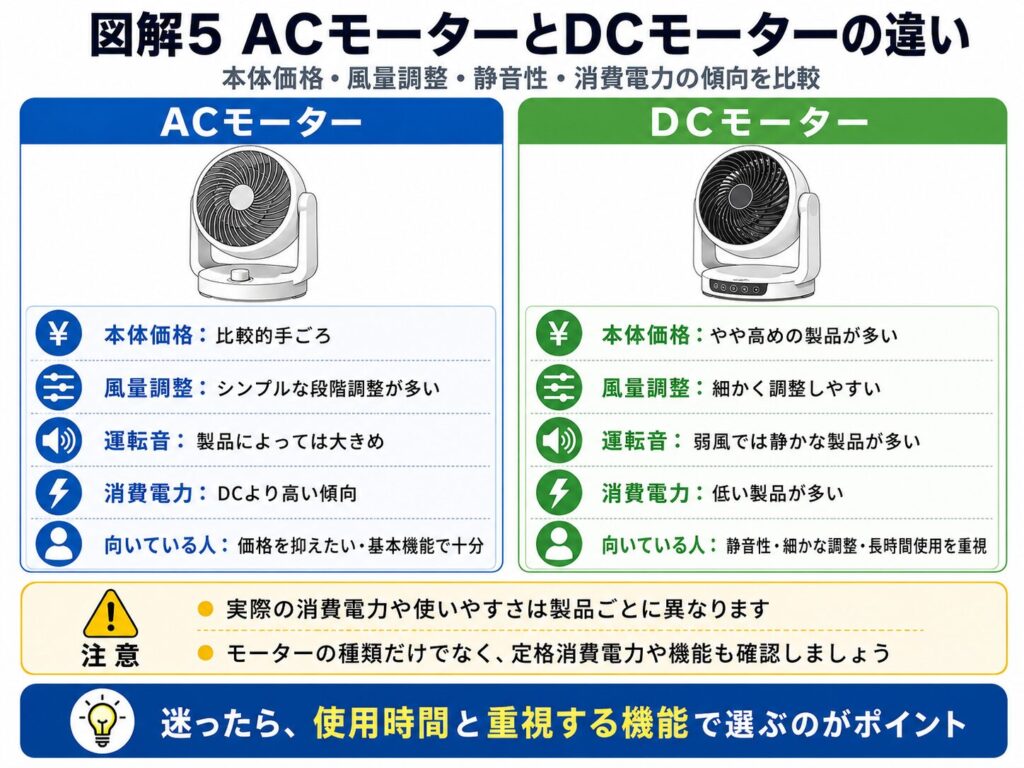 ACモーターとDCモーターを搭載したサーキュレーターの違いを比較した図解。ACモーターは本体価格が比較的手ごろで操作がシンプルな製品が多く、DCモーターは細かな風量調整や静音性、低消費電力を重視する製品が多いことを示している。