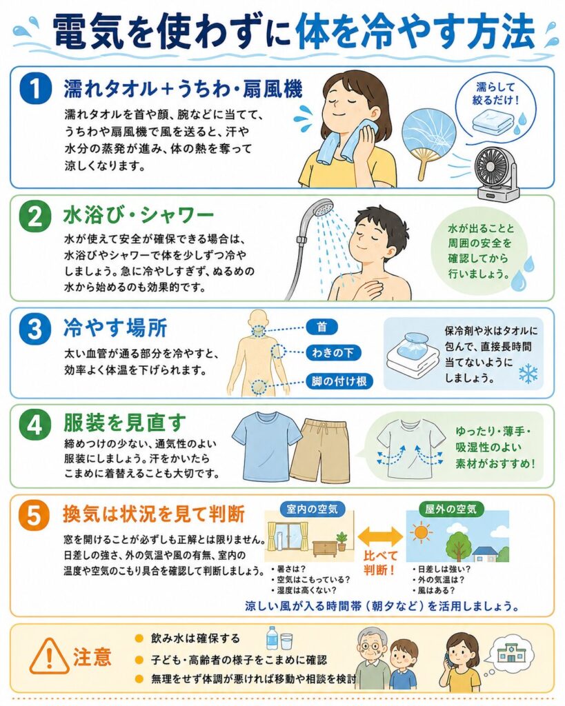 停電時に電気を使わず体を冷やす方法をまとめた図解。
濡れタオルを首、顔、腕などへ当て、うちわや扇風機で風を送ることで、水分の蒸発を利用して体の熱を逃がす方法を示している。
水道が使えて周囲の安全が確認できる場合は、水浴びやシャワーで手足から少しずつ体を冷やす方法も説明している。
首の両側、わきの下、脚の付け根など太い血管が通る場所を冷やすときは、保冷剤や氷をタオルで包み、皮膚へ直接長時間当てないよう注意することを示している。
服装は体を締め付けない薄手で通気性のよいものへ替え、汗で濡れた衣類はこまめに着替えるよう案内している。
換気については、停電したら必ず窓を開けるのではなく、室温と外気温、日差し、風、湿度を比べ、屋外の方が涼しい場合に日差しの入らない窓を開けるよう説明している。
あわせて、飲料水を確保すること、子どもや高齢者の体調をこまめに確認すること、体調が悪い場合は無理をせず冷房が使える安全な場所への移動や医療機関への相談を検討することをまとめている。
