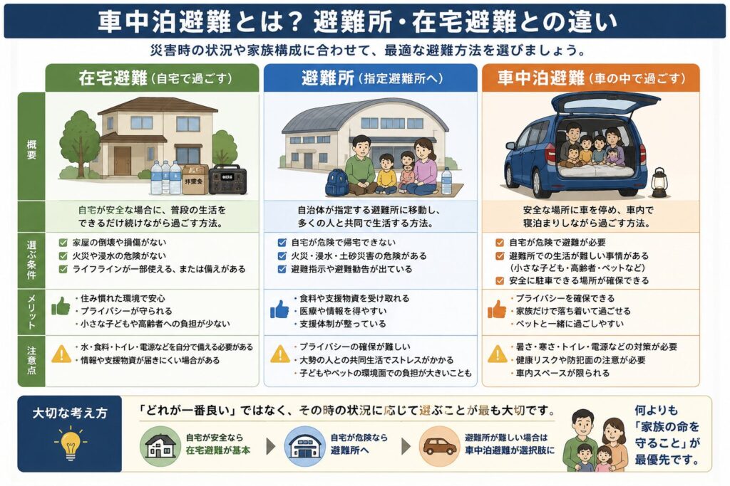 車中泊避難・在宅避難・避難所避難の違いを比較した図解。それぞれの概要、避難を選ぶ条件、メリット、注意点を一覧で分かりやすく解説し、「どれが一番良い避難方法か」ではなく、その時の災害状況や家族構成に応じて最適な避難方法を選ぶことの大切さを紹介しています。