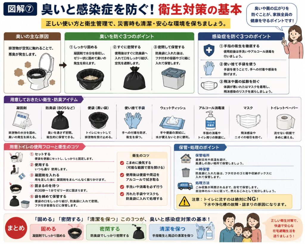 停電・断水時に臭いと感染症を防ぐための衛生対策をまとめた図解。BOSなどの防臭袋を使って臭いを抑える方法、アルコール消毒液による手指消毒、使い捨て手袋の着用、ウェットティッシュやからだ拭きの活用、口腔ケア用品による口の中の衛生管理などをイラスト付きで紹介している。さらに、使用済み簡易トイレは防臭袋へ密閉して一時保管することや、「固める・密閉する・清潔を保つ」の3つが衛生対策の基本であることをまとめている。