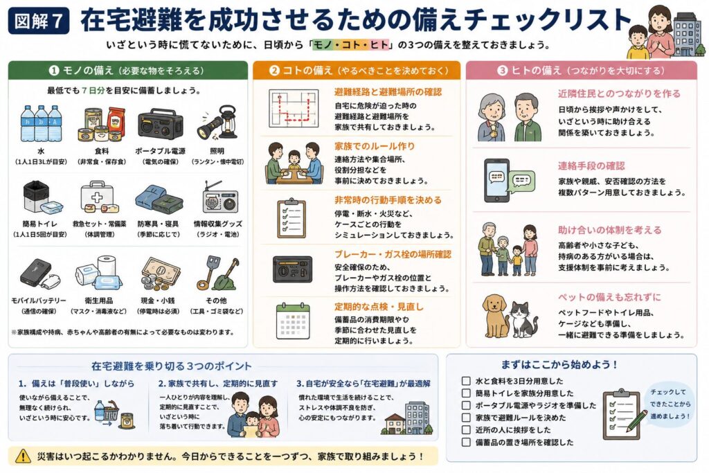 在宅避難を成功させるために必要な備えや家族で確認したい項目を、チェックリスト形式でまとめた図解。