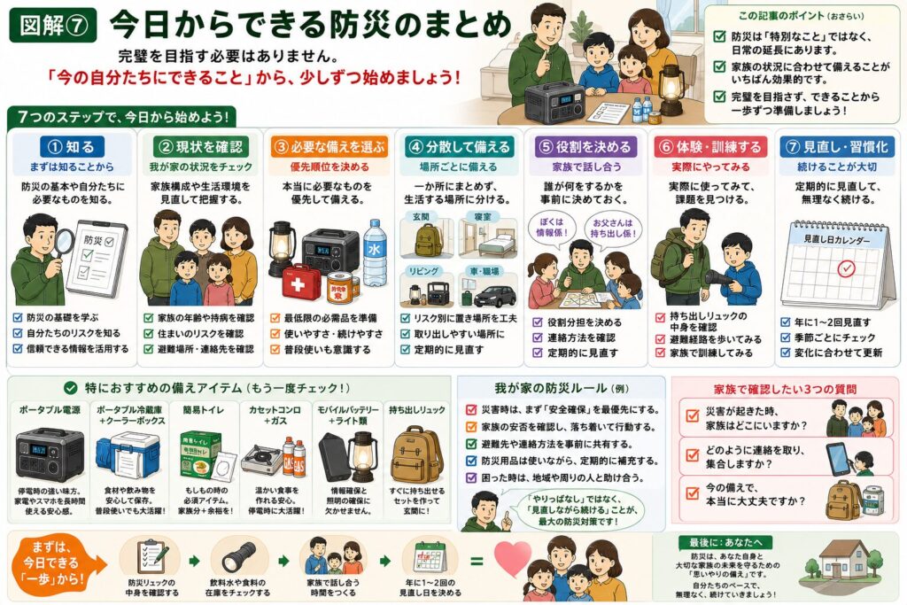 防災用品の備え方をまとめた保存版図解。避難方法に応じた備え、分散備蓄、家族の役割分担、定期的な見直しなど、この記事の重要ポイントをチェックリスト形式で紹介している。